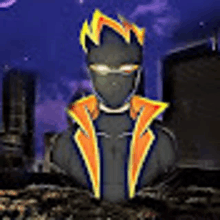 a cartoon of a man wearing a mask and a jacket with a lightning bolt on it .