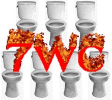 a bunch of toilets are stacked on top of each other and the word 7wg is on fire