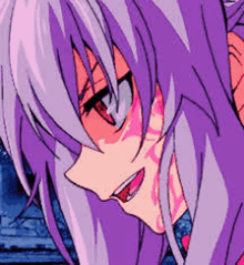 a close up of a purple haired anime girl with red eyes .