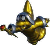 a gold cartoon character is holding a wand with a red ball in it