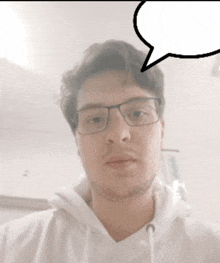 a man wearing glasses has a speech bubble over his head