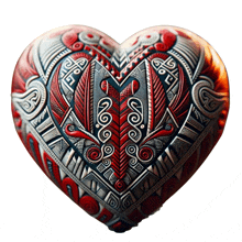 a red and white heart with feathers and swirls on a white background