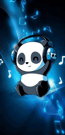 a panda bear wearing headphones is surrounded by musical notes