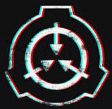 a glitch effect of a scp logo with arrows pointing in opposite directions on a black background .