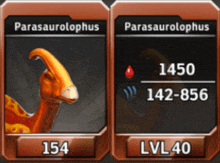 a parasaurolophus card with 154 and 1450 levels