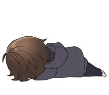 a cartoon of a boy laying on the floor with his head on the ground .