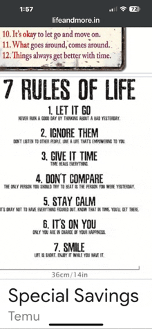 a phone screen shows the 7 rules of life on it