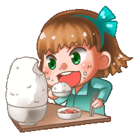 a girl with a blue bow on her head is eating rice