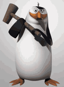 a penguin from madagascar is holding a large hammer