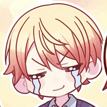 a drawing of a boy with blonde hair and red eyes crying