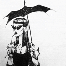 a black and white drawing of a woman holding an umbrella and a drink