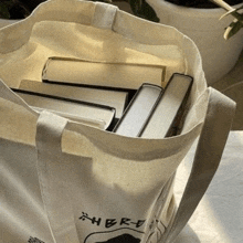 a tote bag filled with books is on a table .