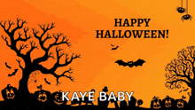 a halloween greeting card with trees and pumpkins and the words happy halloween kaye baby