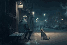 a man sits on a bench with a dog in front of a sign that says ' bakery & cafe '