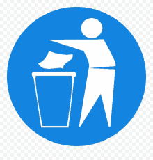 a blue circle with a person throwing trash into a trash can