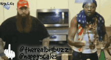 two men are standing in a kitchen with the words high life on the bottom