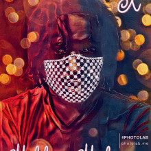 a painting of a woman wearing a rhinestone mask with the words photolab on the bottom