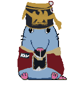 a pixel art drawing of a rat wearing a hat and a shirt with the word kal on it