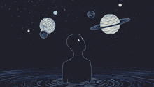 a drawing of a person in the water looking up at the planets