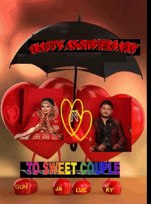 a happy anniversary to sweet couple is displayed on a poster