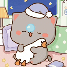 a cartoon cat is sitting on a bed holding a penguin and wearing a sleep hat .