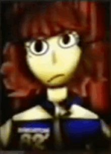 a close up of a cartoon character with red hair and a blue jacket .