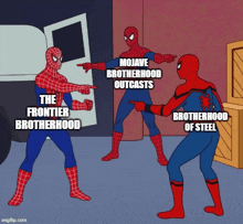 a cartoon of spider-man pointing at another spider-man with the caption mojave brotherhood outcasts