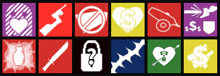 a bunch of icons on a black background including a heart and a cannon