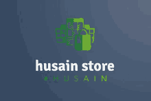 a logo for a store called husain store with a green cross on a blue background