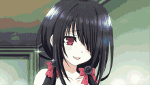 a black haired anime girl with red eyes