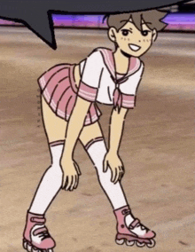 a cartoon of a girl wearing roller skates and thigh high socks .