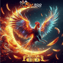 a rooster is surrounded by flames and feathers on a poster for museum bola