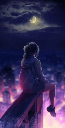 a girl sits on a ledge looking at the moon