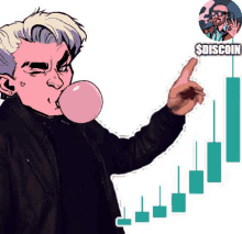 a cartoon of a man blowing a pink bubble gum and pointing at a graph that says $ discoin