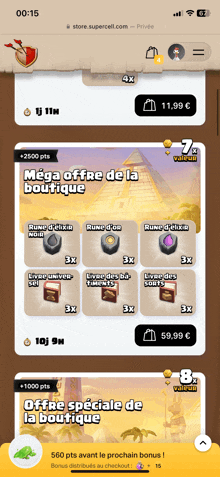 a phone screen shows a mega offre de la boutique page