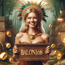 a woman in a feathered headdress is holding a sign that says balon168