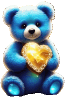 a blue teddy bear is holding a gold heart shaped cookie