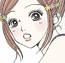 a drawing of a girl with flowers in her hair and the word ni on her face