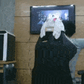 a person is sitting in front of a television with a stuffed animal on their head .