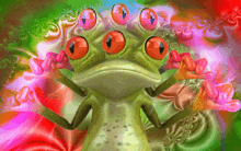 a frog with three eyes is surrounded by pink and green flowers