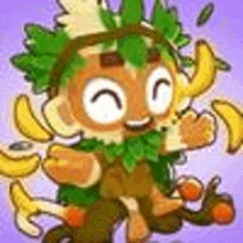 a cartoon character with green leaves on his head and bananas in his hands .