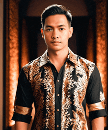 a man is wearing a black and gold shirt with gold buttons