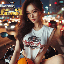 a woman is sitting on a motorcycle wearing a mix parlay shirt