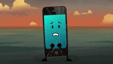 a phone with a broken screen and a sad face