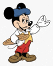 mickey mouse is wearing a blue hat and holding a pizza tray .