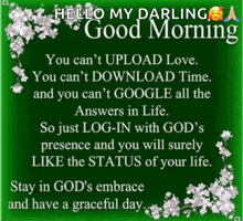 a green background with white flowers and a quote that says hello my darling good morning