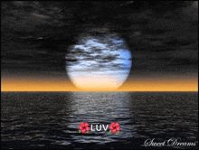 a picture of a full moon over a body of water with the words " luv " on it