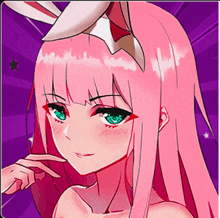 a girl with pink hair and green eyes has a bunny ears on her head