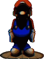 a blurred image of a cartoon character with a red hat and blue overalls