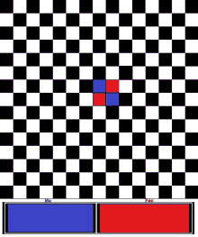 a black and white checkerboard with a red square in the middle